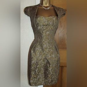 KAREN MILLEN ❤️ GOLD GREEN BROCADE PARTY MINI DRESS SIZE UK8/US 4 COCKTAIL